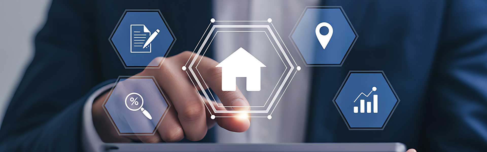 A person in a suit interacting with a digital interface showing hexagonal icons for home search, location, contracts, and market trends.